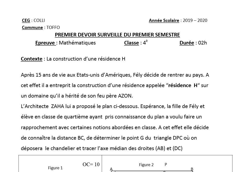Aperçu de la première page — 4e Mathématiques 1er Devoir 1er Semestre CEG Colli 2019 2020