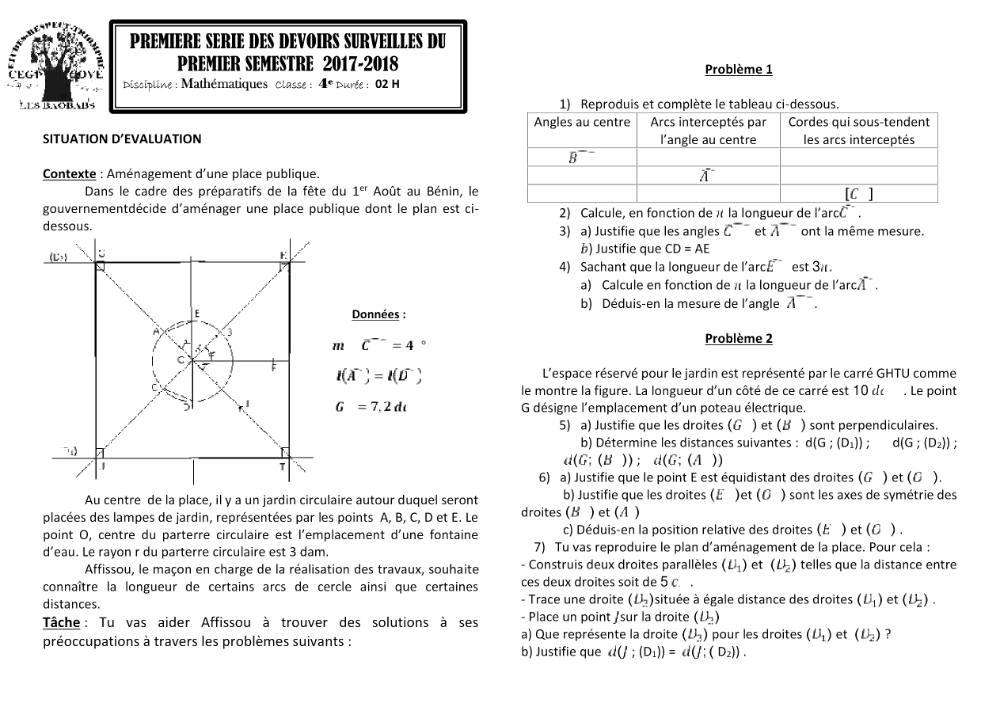 Aperçu de la première page — 4e Mathématiques 1er Devoir 1er Semestre CEG Cove 2017 2018