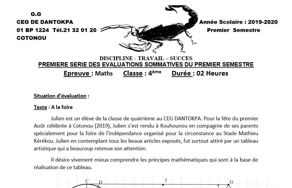 Aperçu de la première page — 4e Mathématiques 1er Devoir 1er Semestre CEG Dantokpa 2019 2020