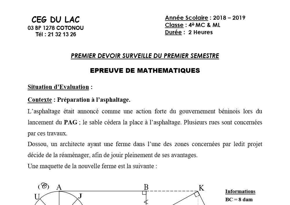 Aperçu de la première page — 4e Mathématiques 1er Devoir 1er Semestre CEG du Lac 2018 2019