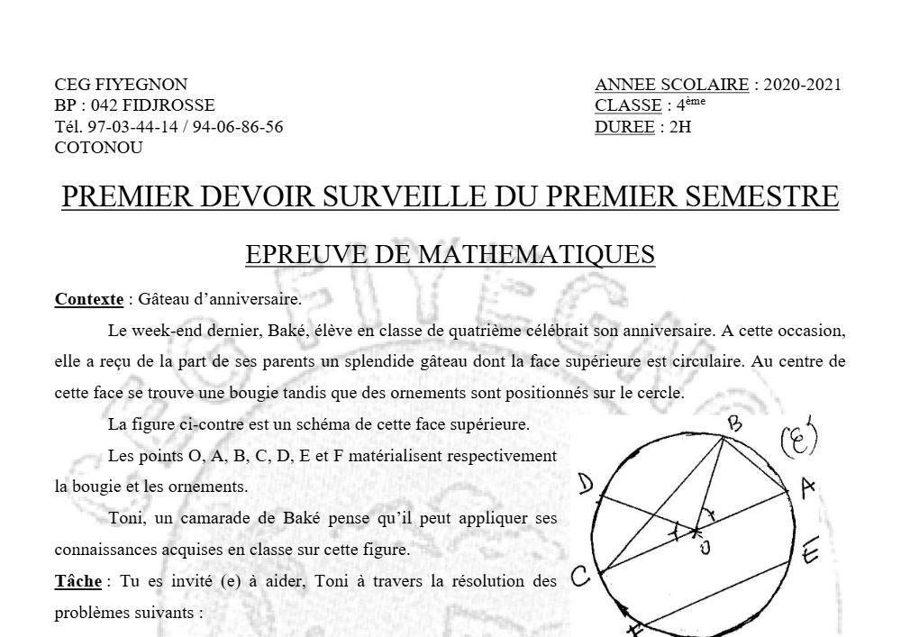 Aperçu de la première page — 4e Mathématiques 1er Devoir 1er Semestre CEG Fiyegnon 2020 2021