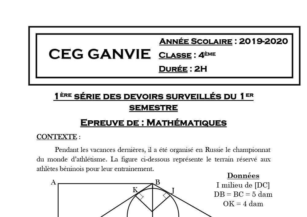 Aperçu de la première page — 4e Mathématiques 1er Devoir 1er Semestre CEG Ganvie 2019 2020
