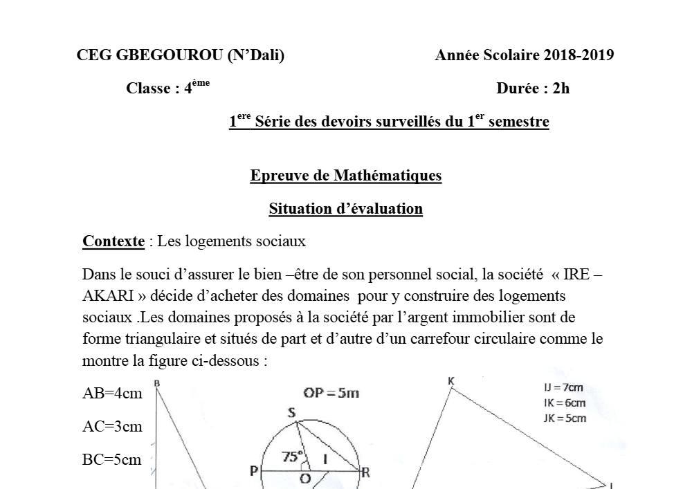 Aperçu de la première page — 4e Mathématiques 1er Devoir 1er Semestre CEG Gbegourou 2018 2019