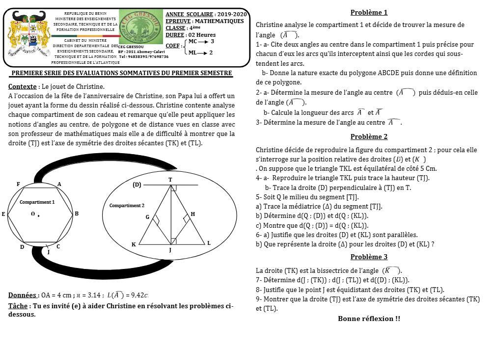 Aperçu de la première page — 4e Mathématiques 1er Devoir 1er Semestre CEG Gbessou 2019 2020