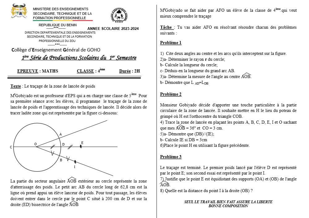 Aperçu de la première page — 4e Mathématiques 1er Devoir 1er Semestre CEG Goho Abomey 2023 2024