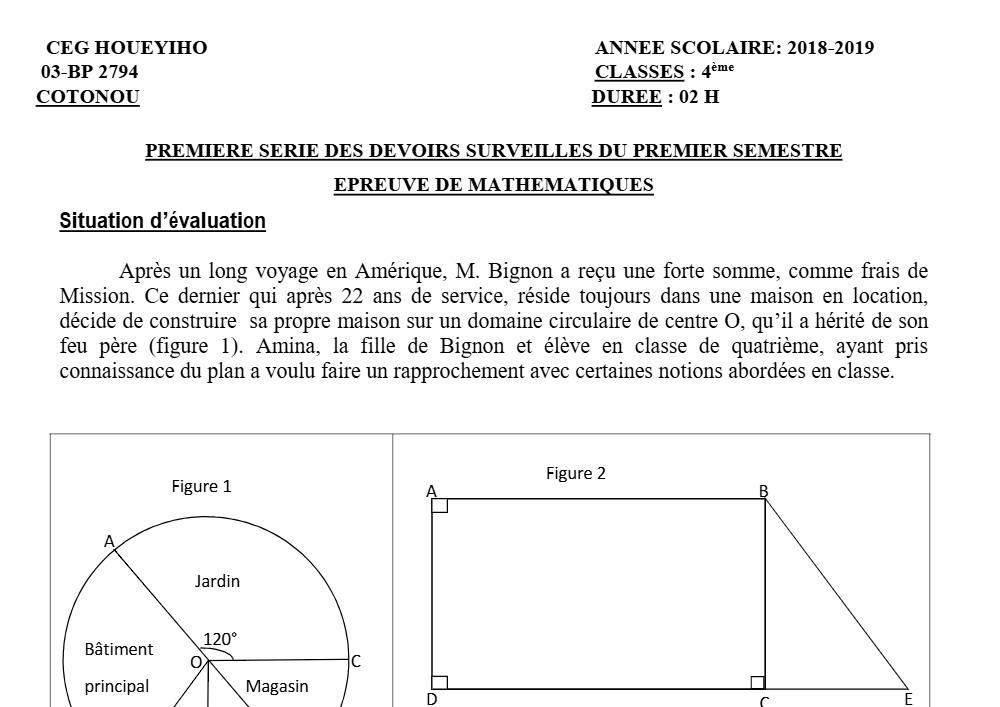 Aperçu de la première page — 4e Mathématiques 1er Devoir 1er Semestre CEG Houéyiho 2018 2019