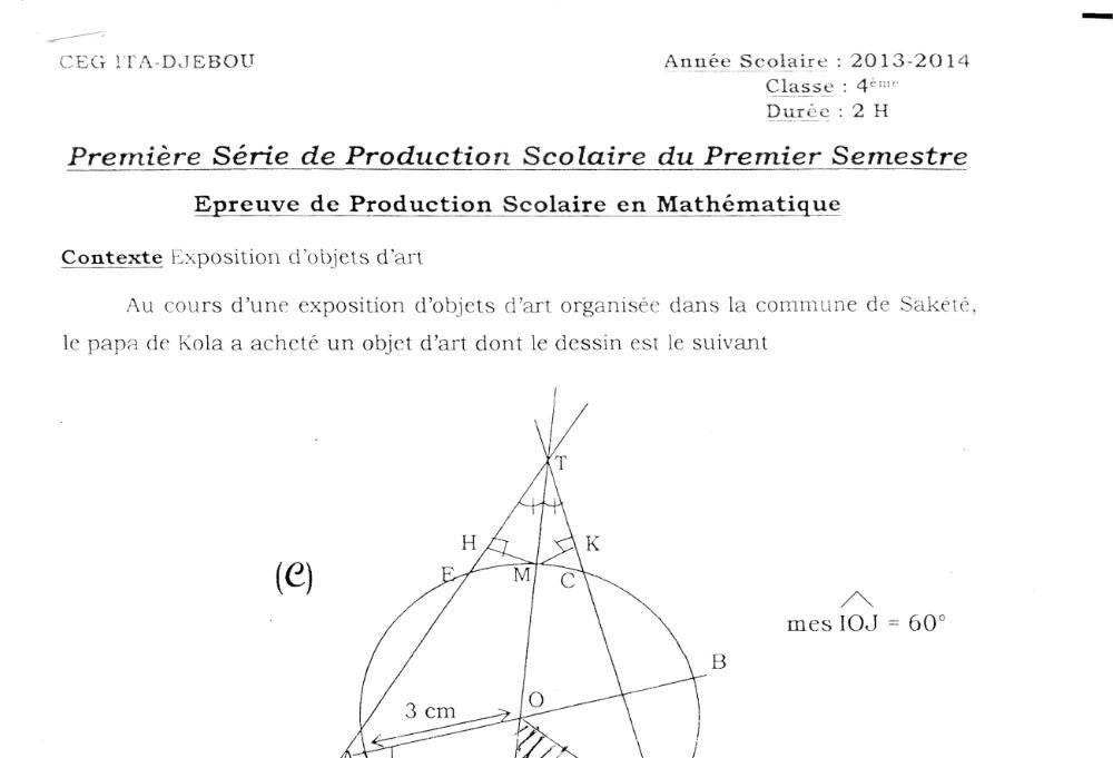 Aperçu de la première page — 4e Mathématiques 1er Devoir 1er Semestre CEG Ita Djebou 2013 2014