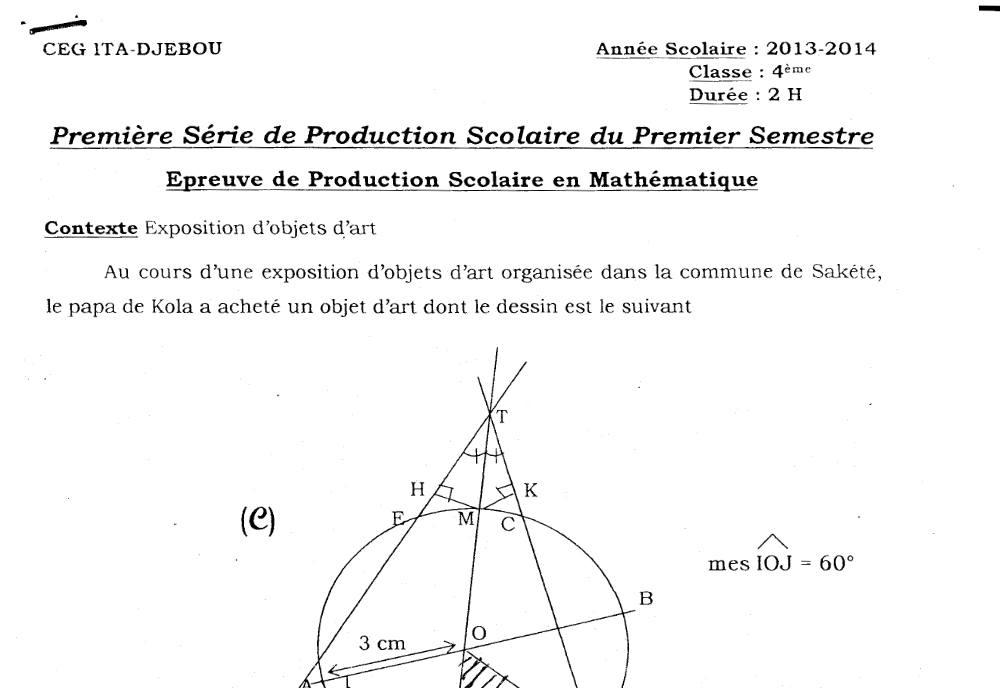 Aperçu de la première page — 4e Mathématiques 1er Devoir 1er Semestre CEG Ita Djebou 2013 2014