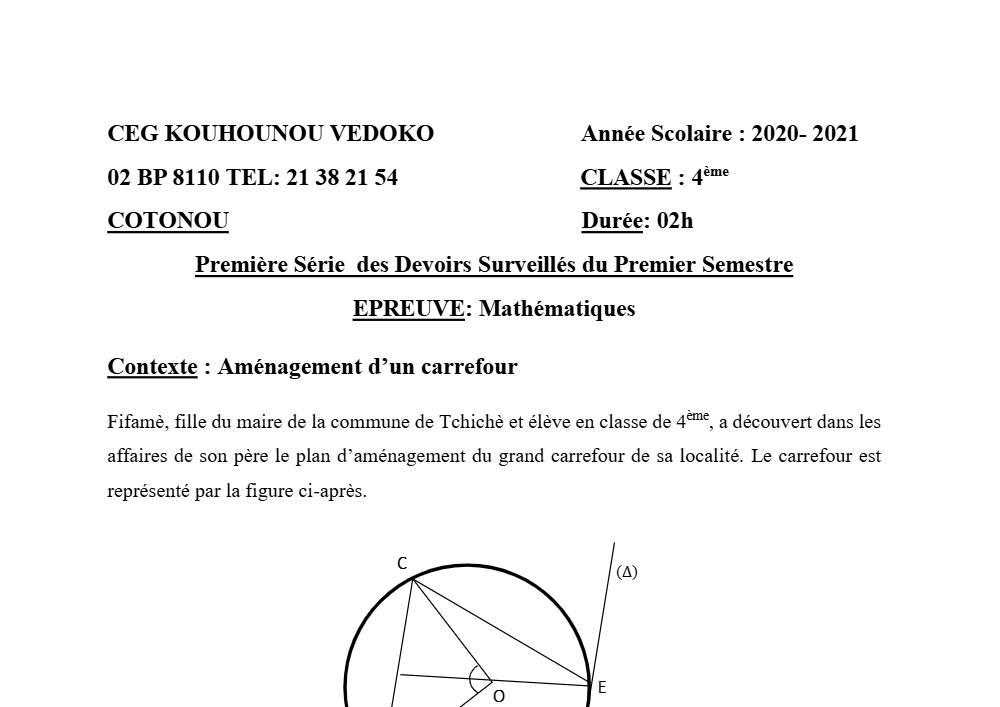 Aperçu de la première page — 4e Mathématiques 1er Devoir 1er Semestre CEG K Vedoko 2020 2021