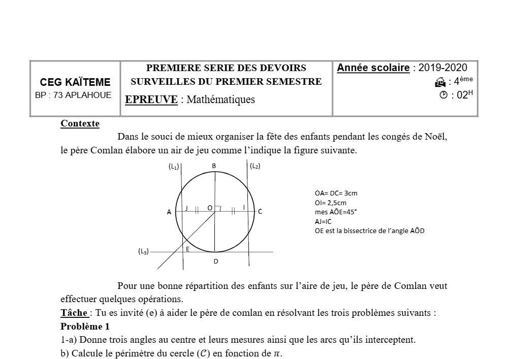 Aperçu de la première page — 4e Mathématiques 1er Devoir 1er Semestre CEG Kaïteme 2019 2020