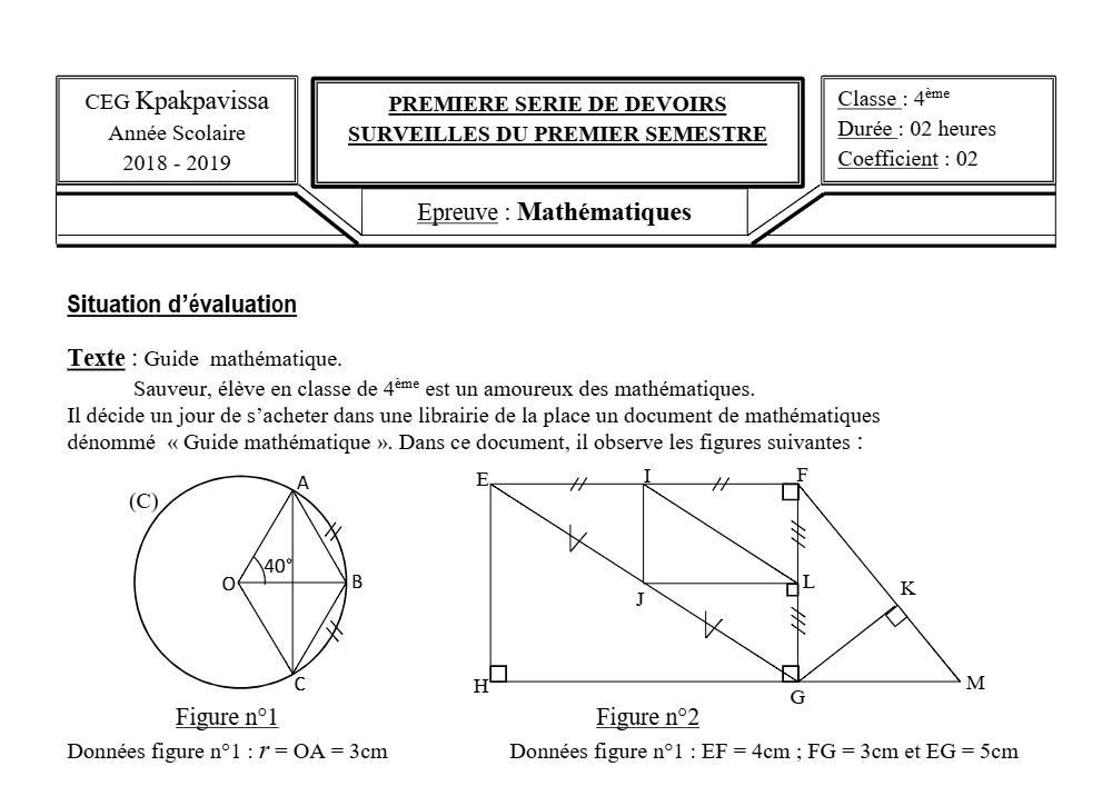 Aperçu de la première page — 4e Mathématiques 1er Devoir 1er Semestre CEG Kpakpavissa 2018 2019