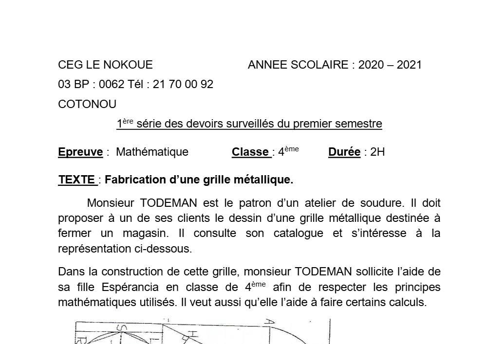 Aperçu de la première page — 4e Mathématiques 1er Devoir 1er Semestre CEG Le Nokoué 2020 2021