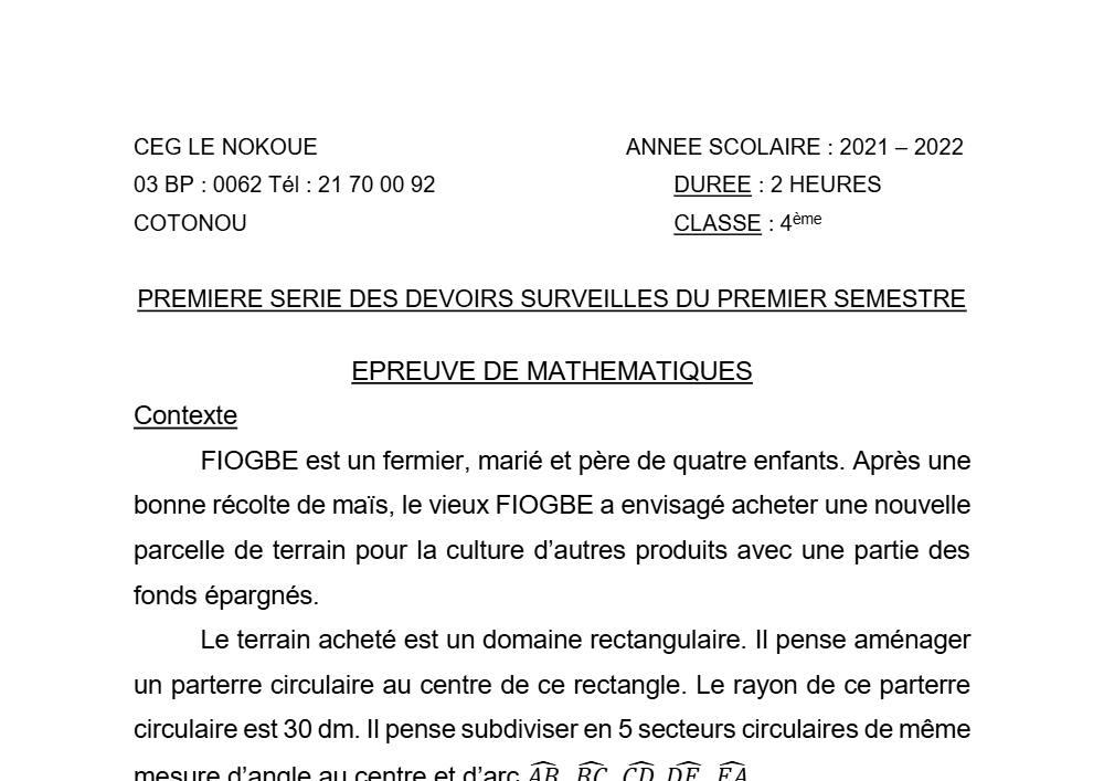 Aperçu de la première page — 4e Mathématiques 1er Devoir 1er Semestre CEG Le Nokoué 2021 2022