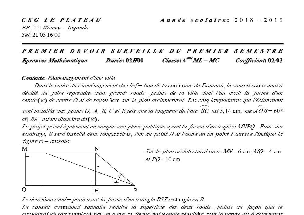 Aperçu de la première page — 4e Mathématiques 1er Devoir 1er Semestre CEG Le Plateau 2018 2019