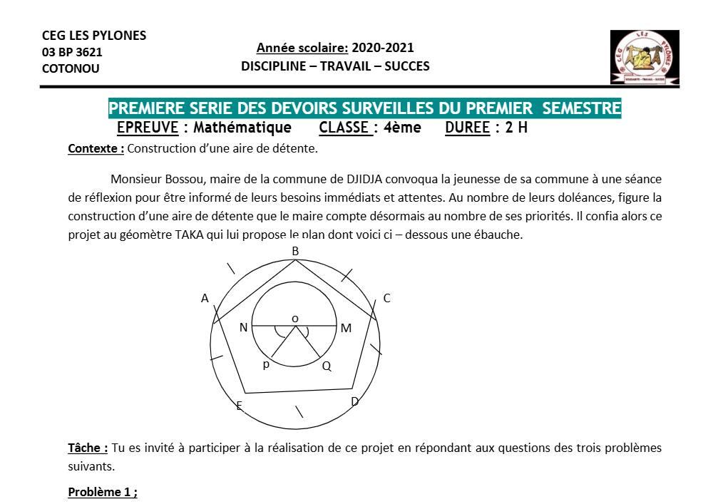 Aperçu de la première page — 4e Mathématiques 1er Devoir 1er Semestre CEG Les Pylônes 2020 2021