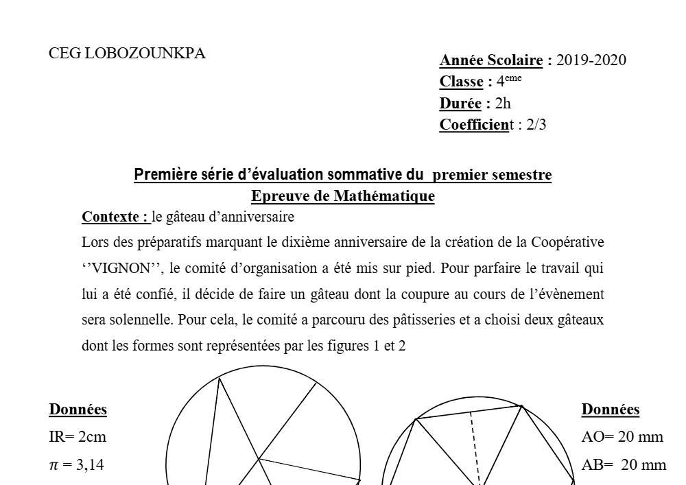 Aperçu de la première page — 4e Mathématiques 1er Devoir 1er Semestre CEG Lobozounkpa 2019 2020