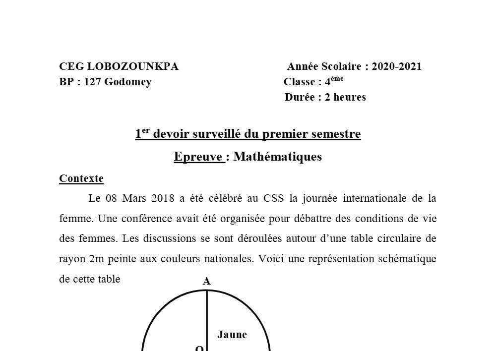 Aperçu de la première page — 4e Mathématiques 1er Devoir 1er Semestre CEG Lobozounkpa 2020 2021