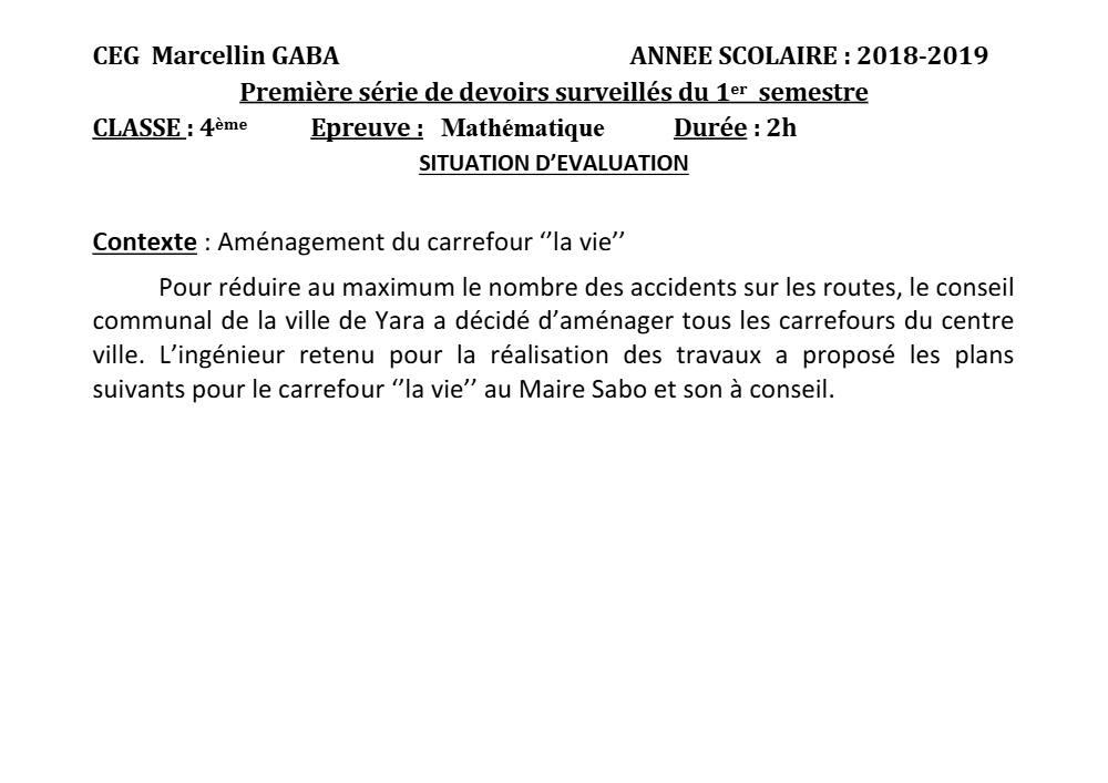 Aperçu de la première page — 4e Mathématiques 1er Devoir 1er Semestre CEG Marcellin Gaba 2018 2019