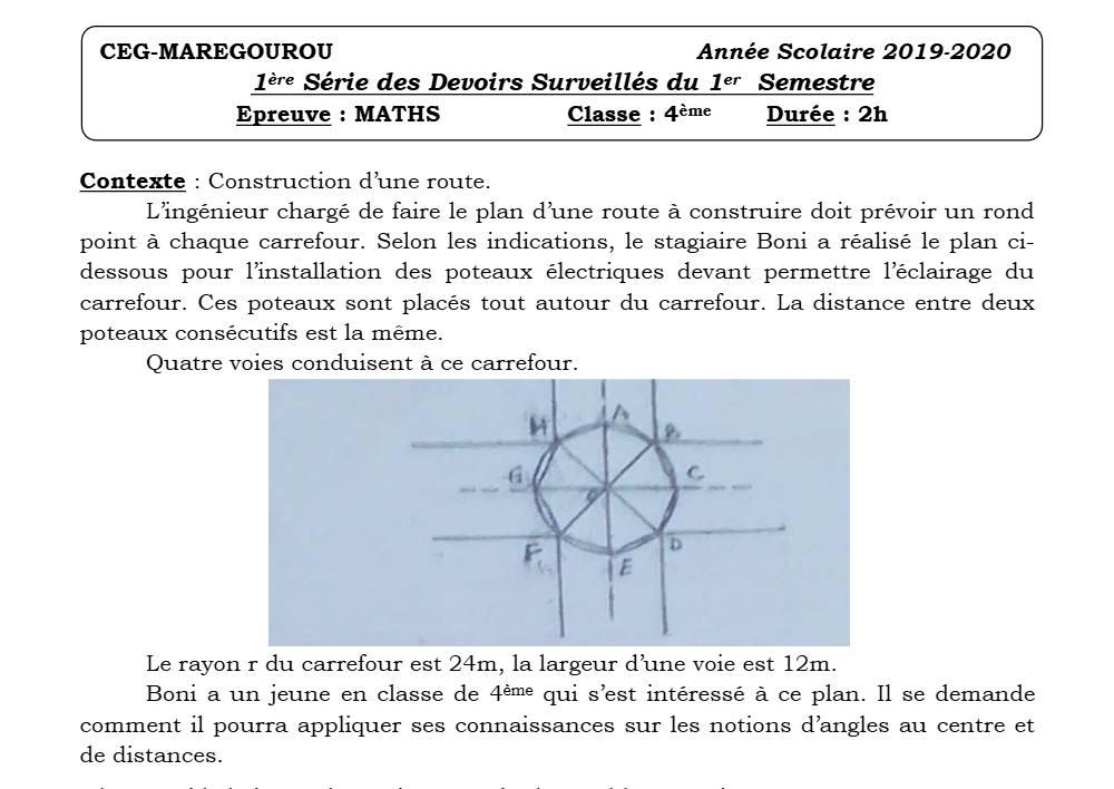 Aperçu de la première page — 4e Mathématiques 1er Devoir 1er Semestre CEG Maregourou 2019 2020