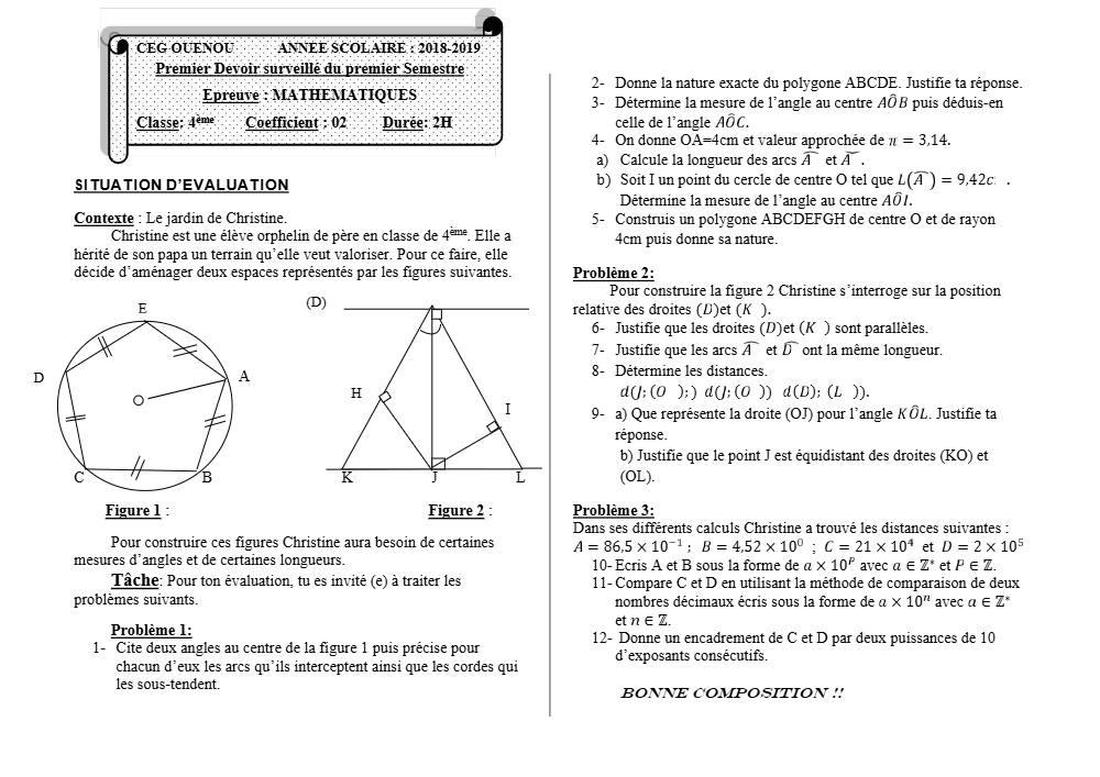 Aperçu de la première page — 4e Mathématiques 1er Devoir 1er Semestre CEG Ouenou 2018 2019