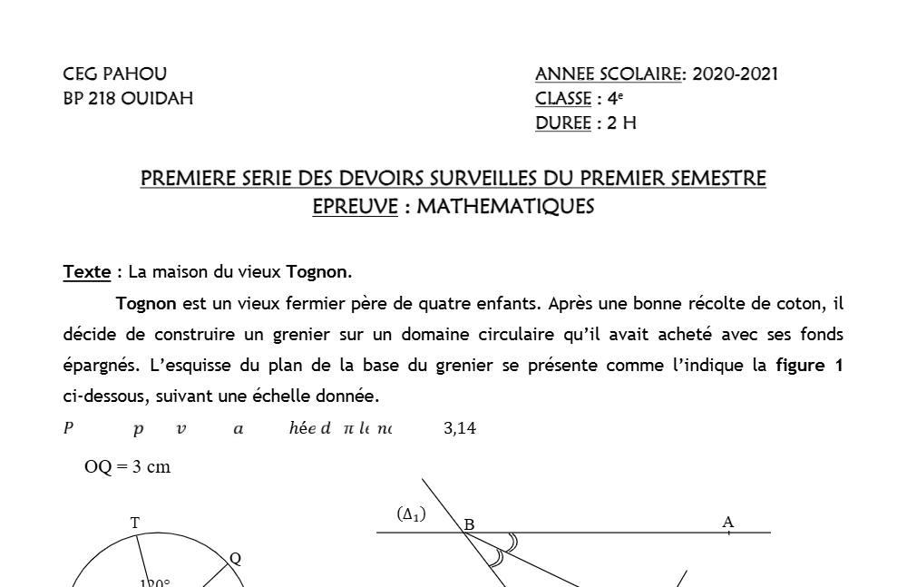 Aperçu de la première page — 4e Mathématiques 1er Devoir 1er Semestre CEG Pahou 2020 2021