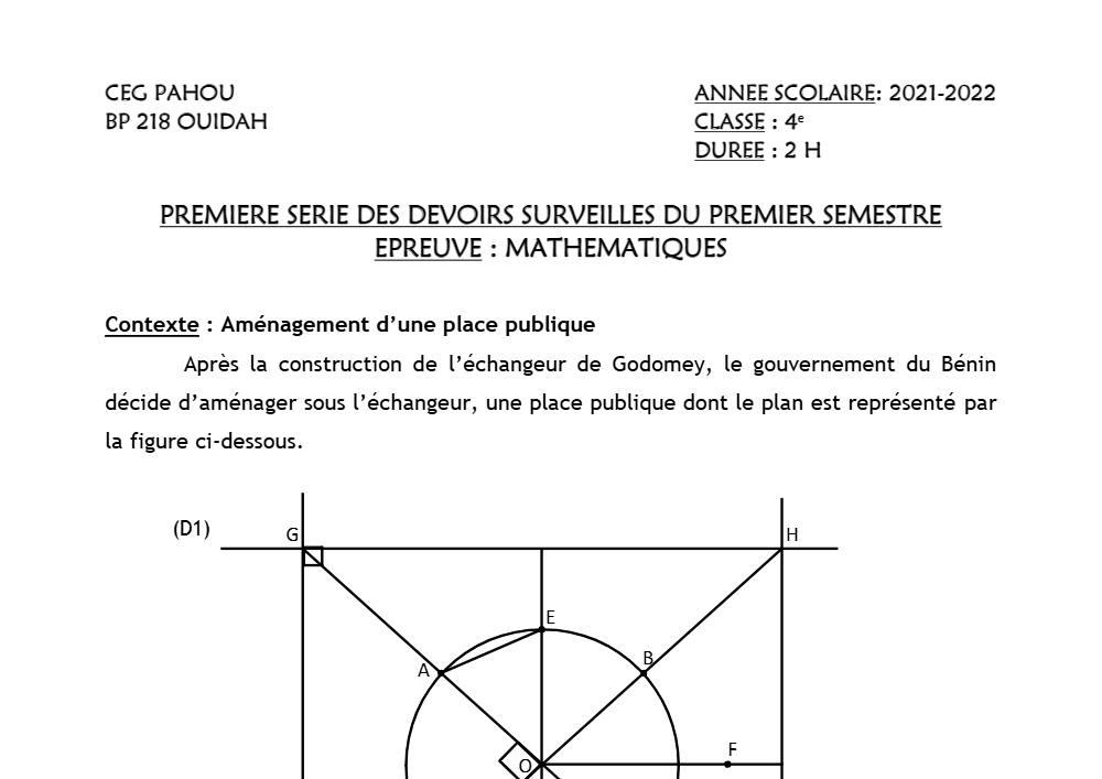 Aperçu de la première page — 4e Mathématiques 1er Devoir 1er Semestre CEG Pahou 2021 2022