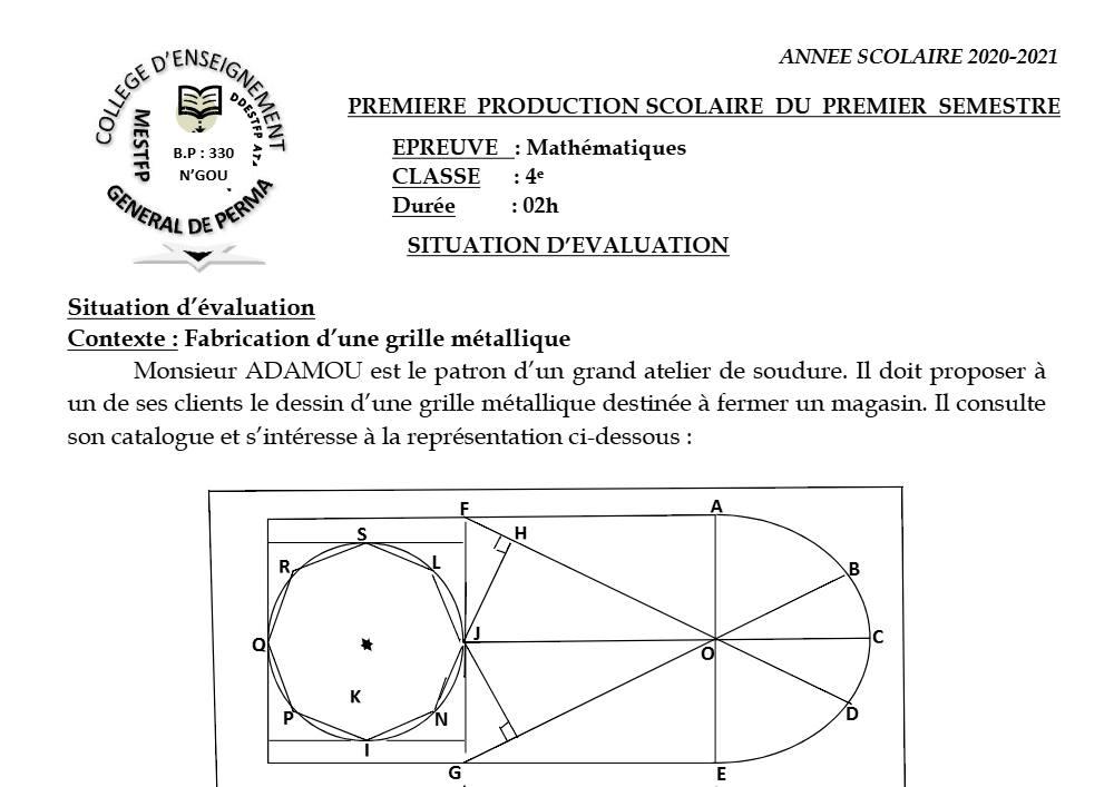 Aperçu de la première page — 4e Mathématiques 1er Devoir 1er Semestre CEG Perma 2020 2021