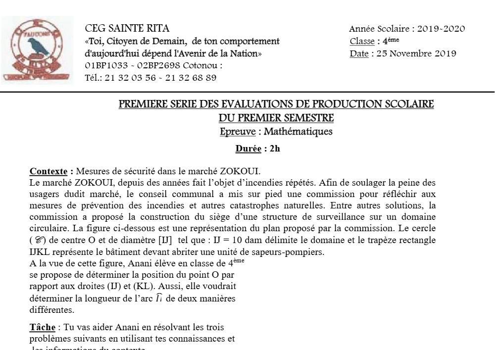 Aperçu de la première page — 4e Mathématiques 1er Devoir 1er Semestre CEG Sainte Rita 2019 2020