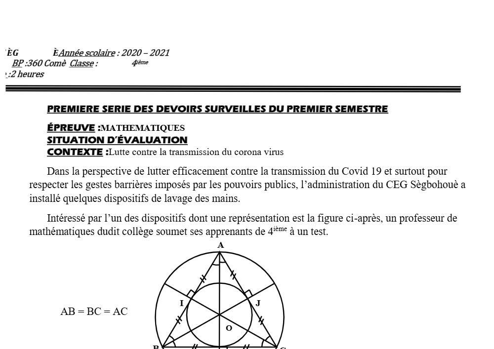 Aperçu de la première page — 4e Mathématiques 1er Devoir 1er Semestre CEG Segbohoue 2020 2021