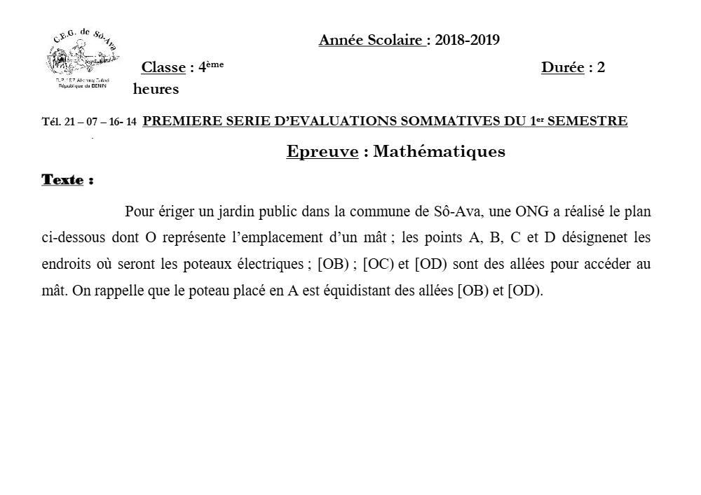 Aperçu de la première page — 4e Mathématiques 1er Devoir 1er Semestre CEG So Ava 2018 2019