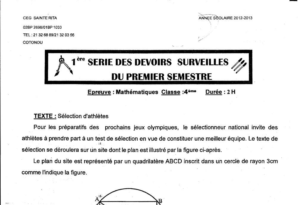 Aperçu de la première page — 4e Mathématiques 1er Devoir 1er Semestre CEG Ste Rita 2012 2013