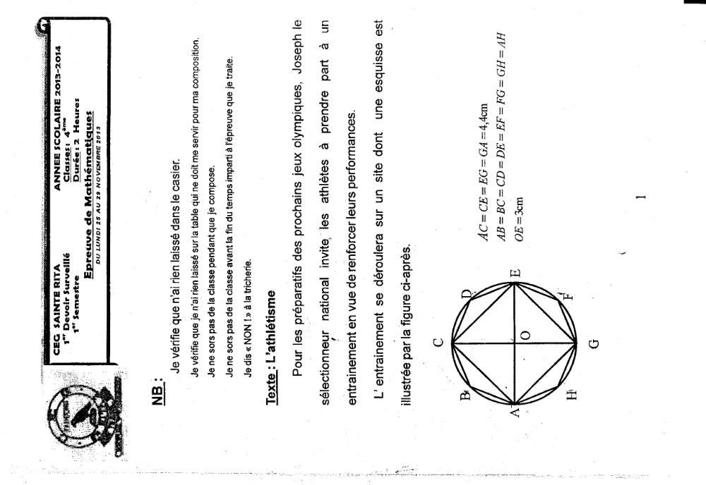 Aperçu de la première page — 4e Mathématiques 1er Devoir 1er Semestre CEG Ste Rita 2013 2014