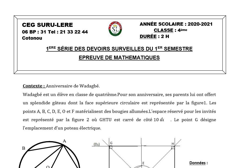 Aperçu de la première page — 4e Mathématiques 1er Devoir 1er Semestre CEG Suru Léré 2020 2021