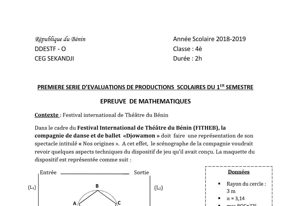 Aperçu de la première page — 4e Mathématiques 1er Devoir 1er Semestre CEG Sèkandji 2018 2019