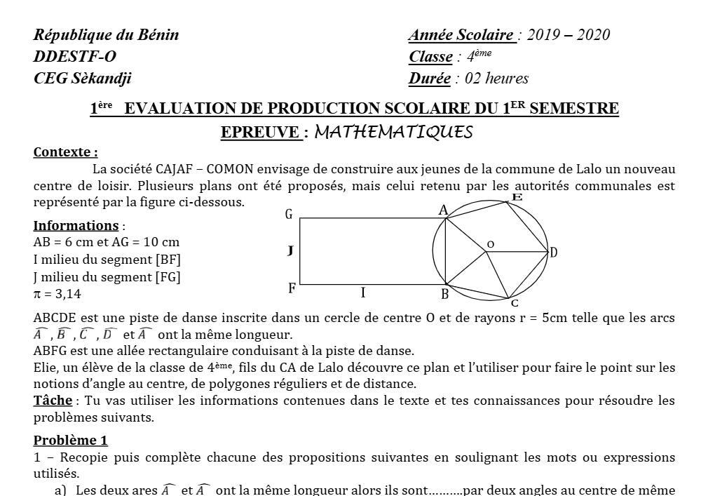 Aperçu de la première page — 4e Mathématiques 1er Devoir 1er Semestre CEG Sèkandji 2019 2020