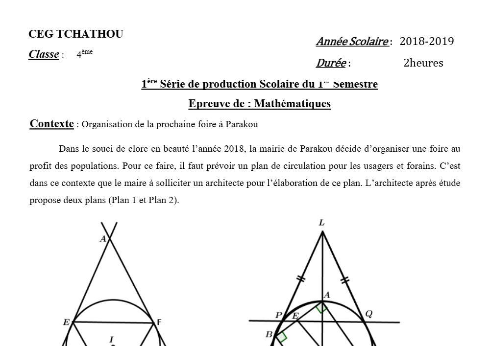 Aperçu de la première page — 4e Mathématiques 1er Devoir 1er Semestre CEG Tchatchou 2018 2019