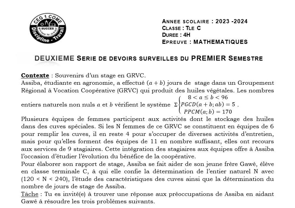 Aperçu de la première page — Mathématiques Tle C Devoir Surveillé (Janvier 2024) 2023 2024