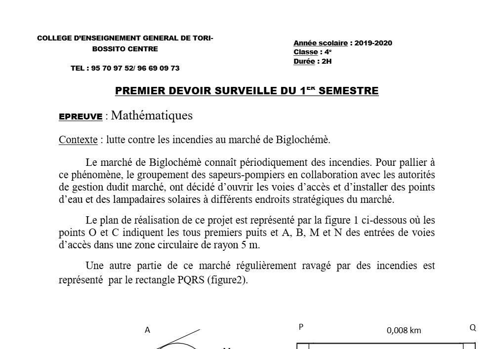 Aperçu de la première page — 4e Mathématiques 1er Devoir 1er Semestre CEG Tori Bossito 2019 2020