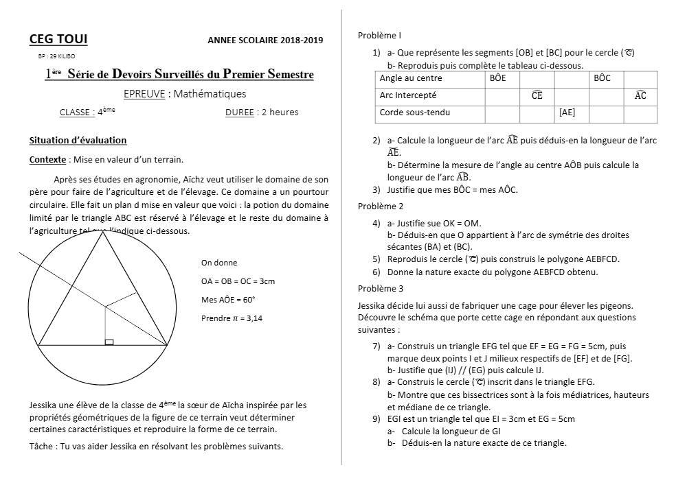 Aperçu de la première page — 4e Mathématiques 1er Devoir 1er Semestre CEG Toui 2018 2019