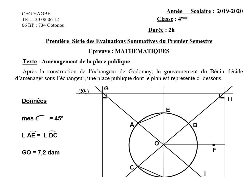 Aperçu de la première page — 4e Mathématiques 1er Devoir 1er Semestre CEG Yagbe 2019 2020