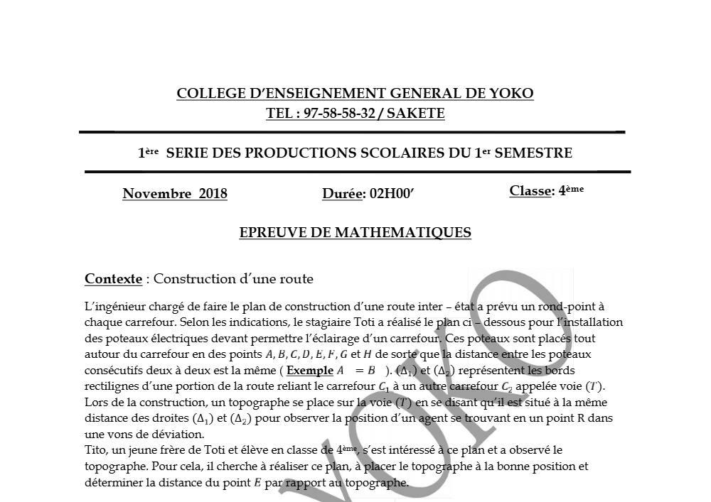 Aperçu de la première page — 4e Mathématiques 1er Devoir 1er Semestre CEG Yoko 2018 2019