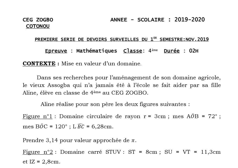 Aperçu de la première page — 4e Mathématiques 1er Devoir 1er Semestre CEG Zogbo 2019 2020