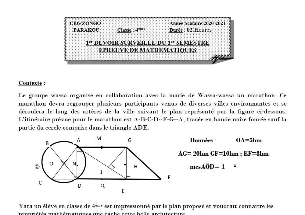 Aperçu de la première page — 4e Mathématiques 1er Devoir 1er Semestre CEG Zongo 2020 2021