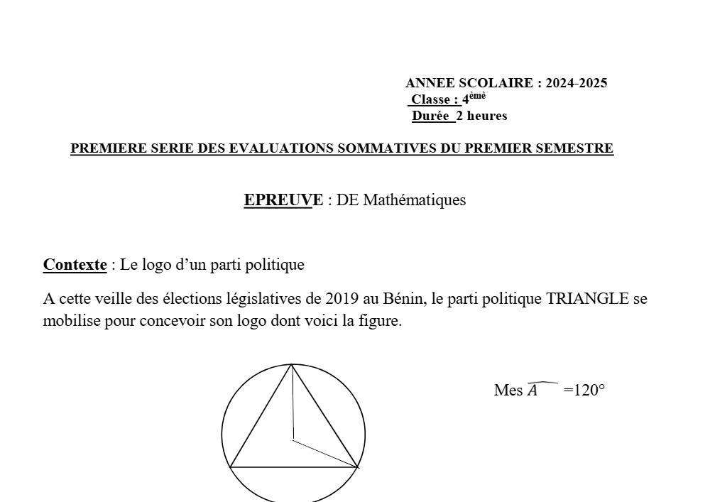 Aperçu de la première page — 4e Mathématiques 1er Devoir 1er Semestre Collège D'Enseignement Général 2024 2025