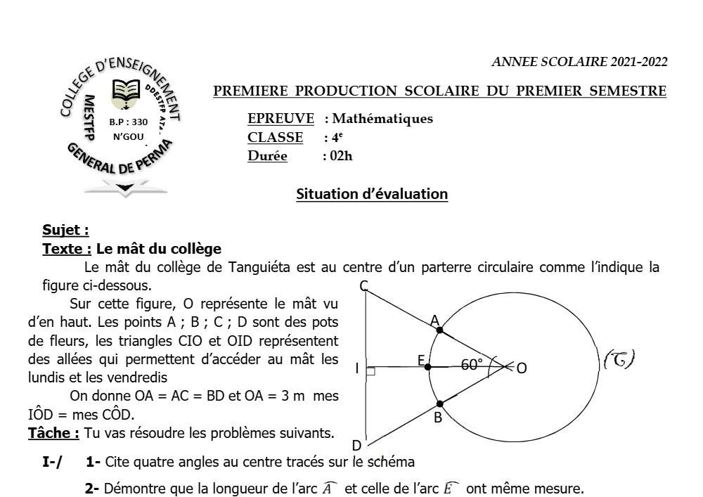 Aperçu de la première page — 4e Mathématiques 1er Devoir 1er Semestre Collège D'Enseignement Général de Perma 2021 2022