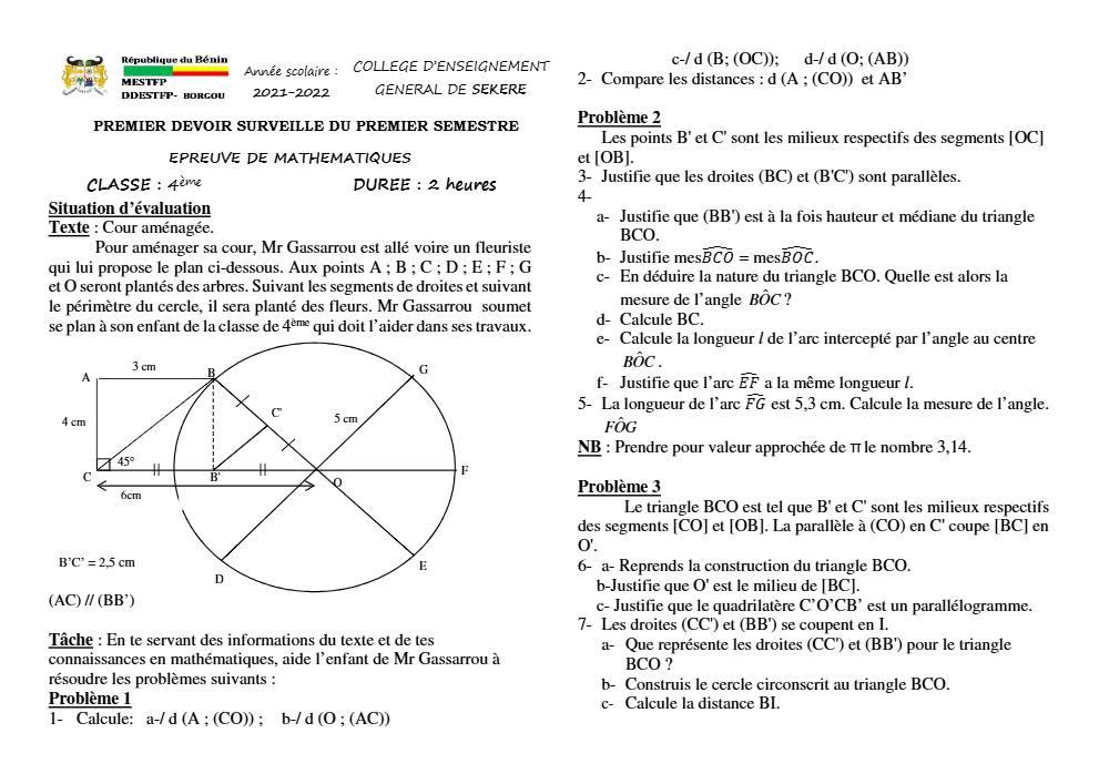 Aperçu de la première page — 4e Mathématiques 1er Devoir 1er Semestre Collège D'Enseignement Général de Sékéré 2021 2022