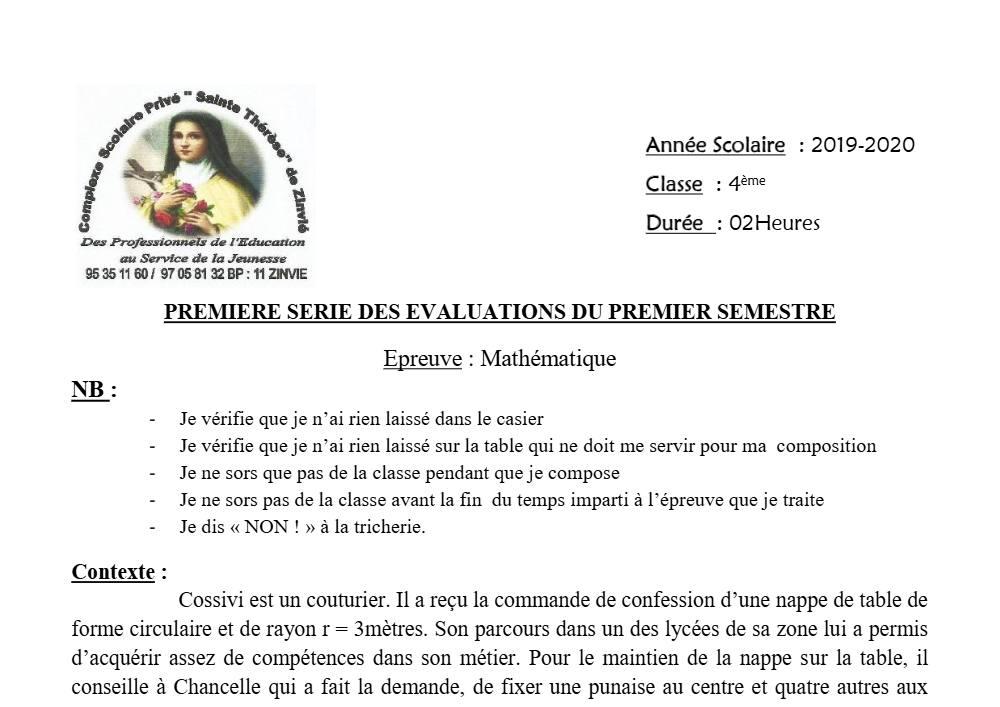 Aperçu de la première page — 4e Mathématiques 1er Devoir 1er Semestre CS Sainte Therese 2019 2020