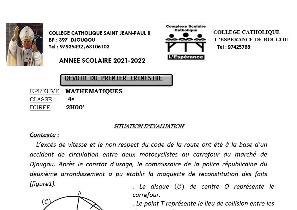 Aperçu de la première page — 4e Mathématiques 1er Devoir 1er Trimestre Collège Catholique 2021 2022