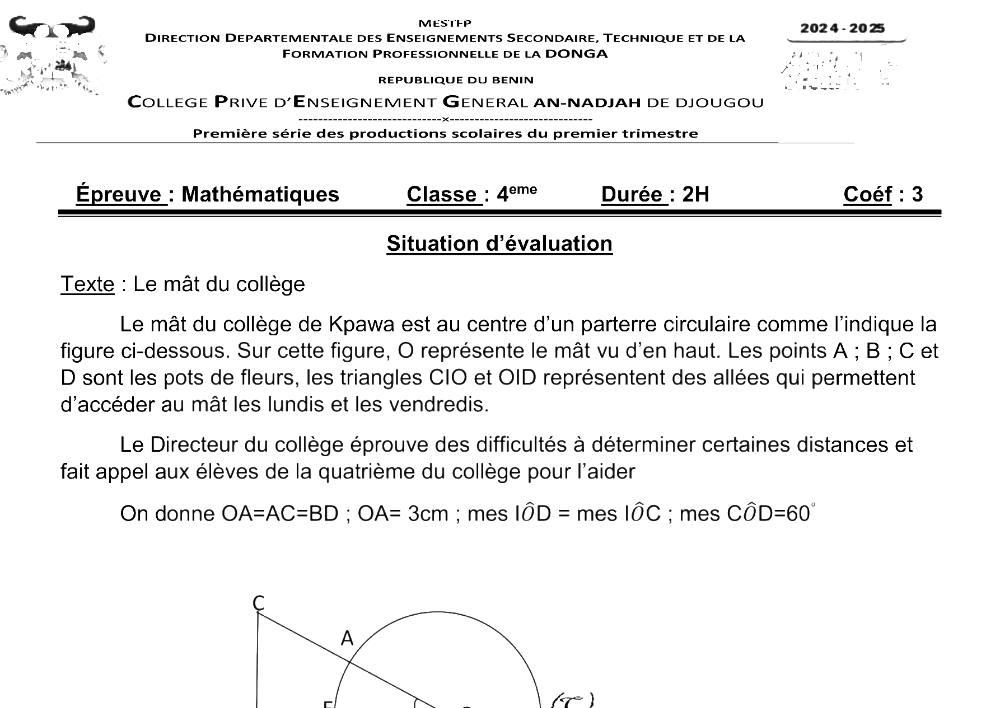 Aperçu de la première page — 4e Mathématiques 1er Devoir 1er Trimestre CPEG An Nadjah Djougou 2024