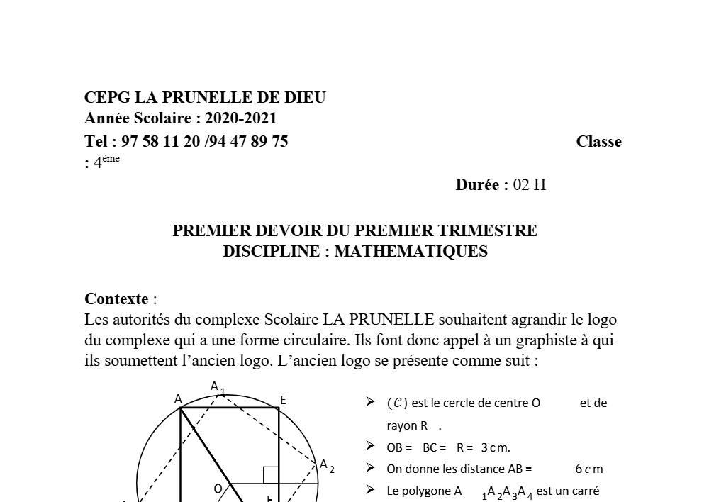 Aperçu de la première page — 4e Mathématiques 1er Devoir 1er Trimestre CPEG La Prunelle de Dieu 2020 2021
